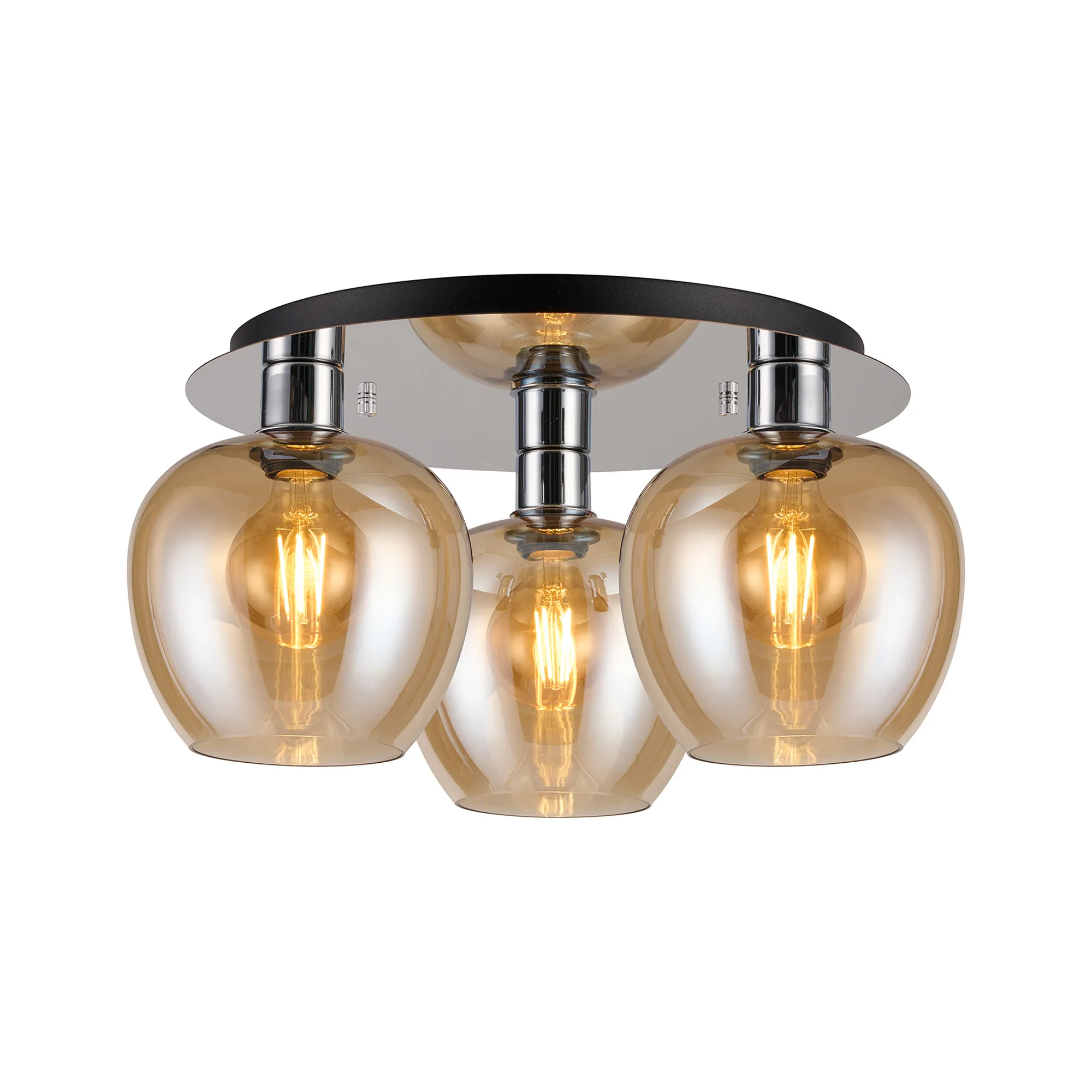 DK1346  Lori 40cm Round Ceiling Flush, 3 Light Flush Fitting, Polished Chrome/Amber Wine Shades